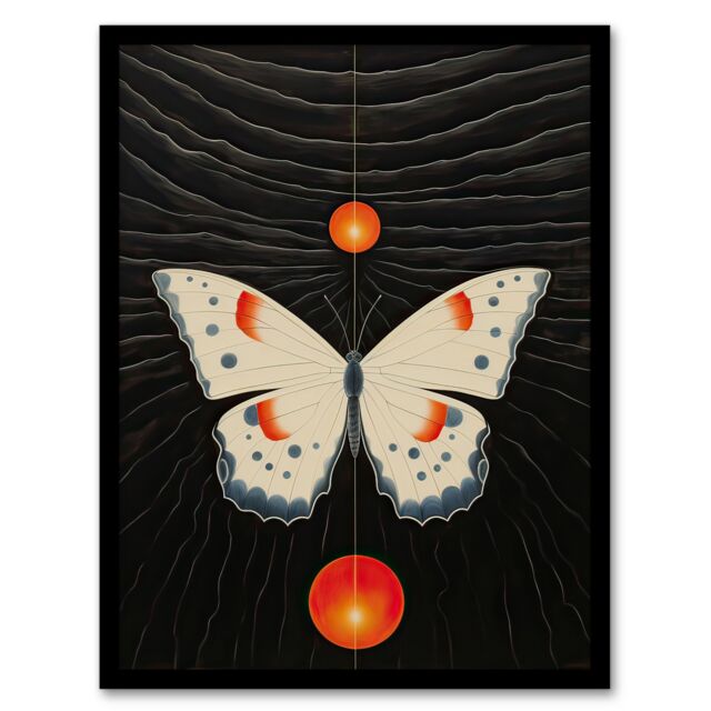 Artery8 Wall Art Print Chaos Theory Hilma af Klint Inspired Butterfly & Two Suns White Orange Grey Oil Painting Artwork Framed in Black - Size: A4 - image 1