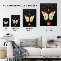 Artery8 Wall Art Print Chaos Theory Hilma af Klint Inspired Butterfly & Two Suns White Orange Grey Oil Painting Artwork Framed in Black - Size: A4 - thumbnail 3