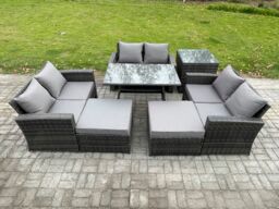 Fimous Outdoor Lounge Sofa Set Wicker PE Rattan Garden Furniture Set with Rectangular Dining Table 2 Seat Sofa 2 Big Footstool in Dark Grey - thumbnail 2