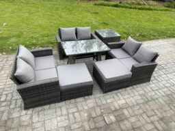 Fimous Outdoor Lounge Sofa Set Wicker PE Rattan Garden Furniture Set with Rectangular Dining Table 2 Seat Sofa 2 Big Footstool in Dark Grey - thumbnail 1