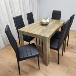 KOSY KOALA Rustic Effect Dining Table Set with 6 Black Faux Leather Chairs Dining Room Furniture Set in Brown - thumbnail 6