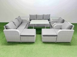 Fimous Rattan High Back Lounge Sofa Set with Reclining Chairs 2 Big Stools in Light Grey - thumbnail 2