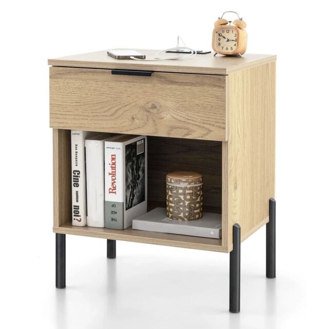 Costway Mid Century Modern Nightstand Bed Side Table w/Charging Station in Natural - image 1