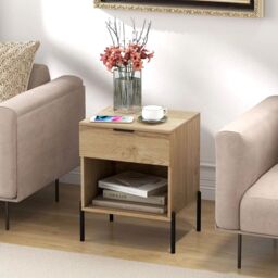 Costway Mid Century Modern Nightstand Bed Side Table w/Charging Station in Natural - thumbnail 7