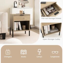 Costway Mid Century Modern Nightstand Bed Side Table w/Charging Station in Natural - thumbnail 3