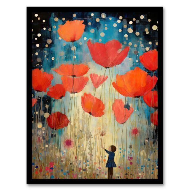 Artery8 Wall Art Print Poppy Dreams Oil Painting Kids Bedroom Child In Wildflower Meadow Of Giant Poppies Art Framed in Black - Size: A4 - image 1
