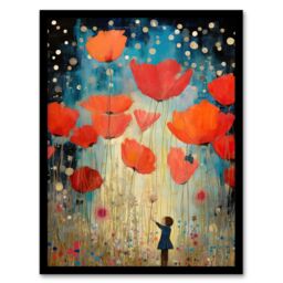 Artery8 Wall Art Print Poppy Dreams Oil Painting Kids Bedroom Child In Wildflower Meadow Of Giant Poppies Art Framed in Black - Size: A4 - thumbnail 1