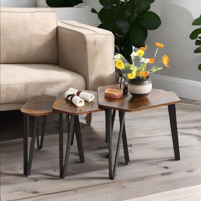 Rafaelo Mobilia Set Of 3 Industrial Nesting Tables Rustic Brown in Dark Brown - image 1