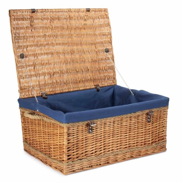 Red Hamper 72cm Double Steamed Rope Handled Wicker Trunk Navy Cotton Lining - image 1