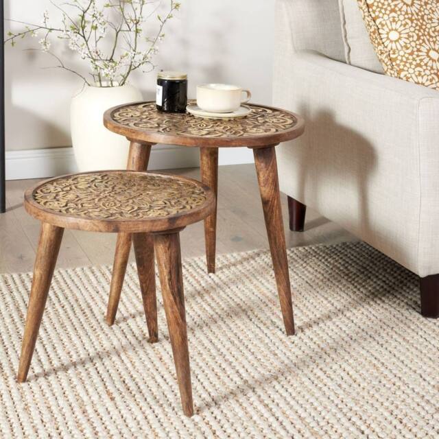 Wyld and Coco Set of 2 Mango Wood Side Tables Brown Oriental Design - image 1