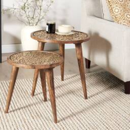 Wyld and Coco Set of 2 Mango Wood Side Tables Brown Oriental Design - thumbnail 1