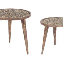 Wyld and Coco Set of 2 Mango Wood Side Tables Brown Oriental Design - thumbnail 2