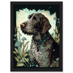 Artery8 German Wirehead Pointer Dog & Blue Wildflowers Modern Portrait Illustration Artwork Framed Wall Art Print A4 in Black - thumbnail 1