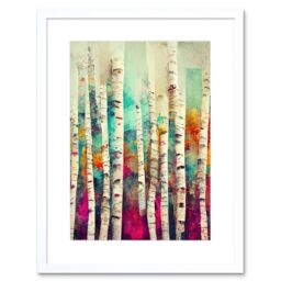 "Artery8 Wall Art Print Abstract Multi Coloured Birch Tree Forest Vibrant Colourful Oil Painting Artwork Framed 9X7 Inch in White - Size: W7"" x H9""" - thumbnail 1