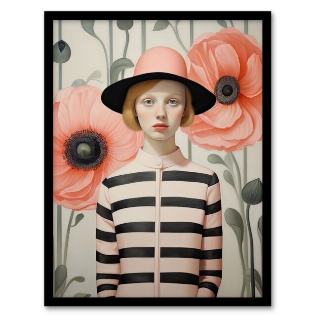 Artery8 Wall Art Print Call me Poppy Magic Realism Oil Painting Pastel Colour Pink Green Young Woman Retro Floral Portrait Artwork Framed - Size: A4 - image 1