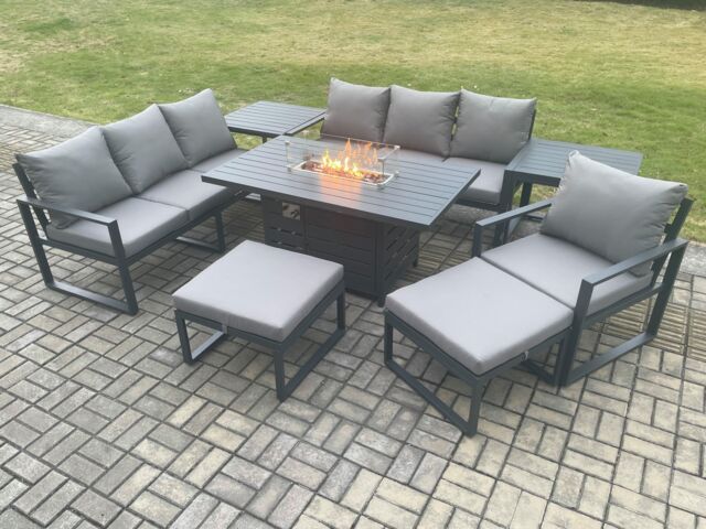 Fimous Aluminium 8 Pieces Garden Furniture Sofa Set with Cushions 9 Seater Gas Fire Pit Dining Table Set with Side Tables in Dark Grey - image 1