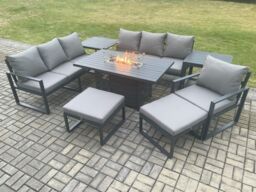 Fimous Aluminium 8 Pieces Garden Furniture Sofa Set with Cushions 9 Seater Gas Fire Pit Dining Table Set with Side Tables in Dark Grey - thumbnail 1