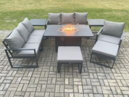Fimous Aluminium 8 Pieces Garden Furniture Sofa Set with Cushions 9 Seater Gas Fire Pit Dining Table Set with Side Tables in Dark Grey - thumbnail 2