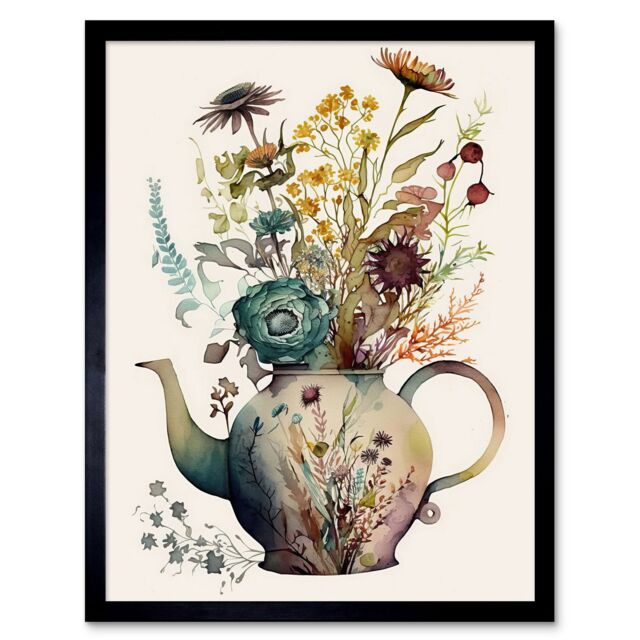 "Artery8 Wall Art Print Flower Bouquet in a Floral Pattern Ceramic Teapot Art Framed in Black - Size: W12"" x H16""" - image 1