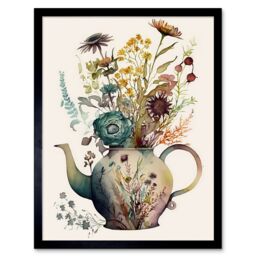 "Artery8 Wall Art Print Flower Bouquet in a Floral Pattern Ceramic Teapot Art Framed in Black - Size: W12"" x H16""" - thumbnail 1