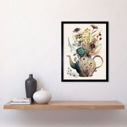 "Artery8 Wall Art Print Flower Bouquet in a Floral Pattern Ceramic Teapot Art Framed in Black - Size: W12"" x H16""" - thumbnail 2