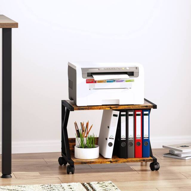 Huhote 2-Tier Wooden Desktop Printer Stand Printer Table with Wheels Storage in Brown - image 1
