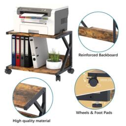 Huhote 2-Tier Wooden Desktop Printer Stand Printer Table with Wheels Storage in Brown - thumbnail 4