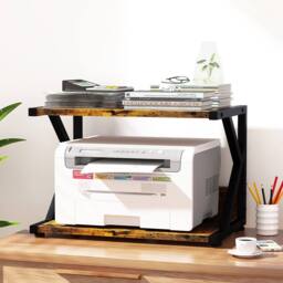 Huhote 2-Tier Wooden Desktop Printer Stand Printer Table with Wheels Storage in Brown - thumbnail 2