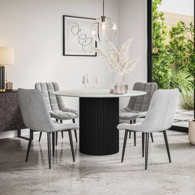 More4Homes Arlo White Marble Top W Black Legs + Nova Velvet Dining Chair Set Of 4 in Grey - image 1