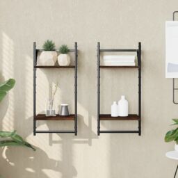 Berkfield Home 2-Tier Wall Shelves with Bars 2 pcs Brown Oak 30x25x65 cm - Size: 30 x 25 x 65 cm - thumbnail 1