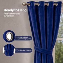 VOGREX Blue Velvet Thermal Blackout Eyelet Curtains 46x54in - thumbnail 5