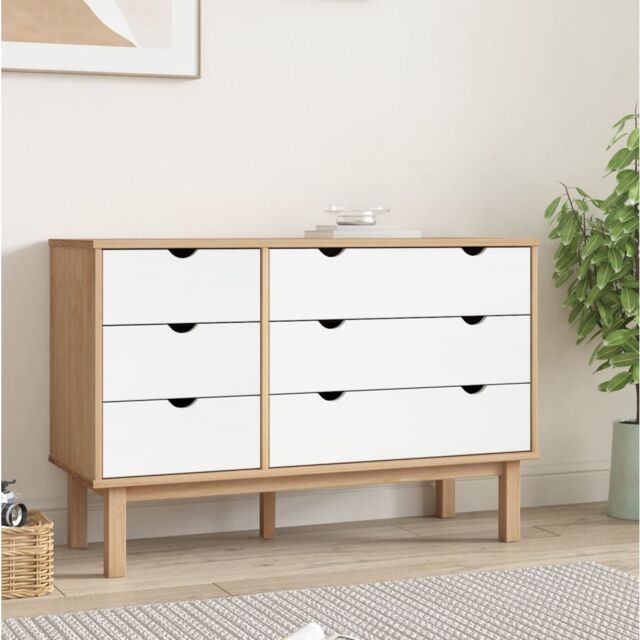 Berkfield Home Drawer Cabinet OTTA Brown&White 111x43x73.5cm Solid Wood Pine in White - Size: 111x43x73.5 cm - image 1