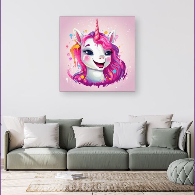 Warren Reed - Designer Happy Unicorn Splashart Canvas in Pink - Size: w40 inch x h40 inch - image 1