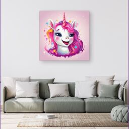 Warren Reed - Designer Happy Unicorn Splashart Canvas in Pink - Size: w40 inch x h40 inch - thumbnail 1