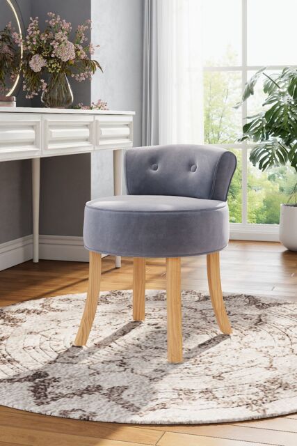 H&O Direct Grey Velvet Soft Vanity Stool with Natural Legs - image 1