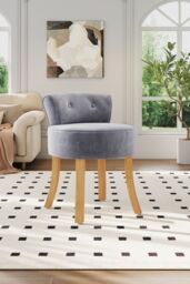 H&O Direct Grey Velvet Soft Vanity Stool with Natural Legs - thumbnail 2