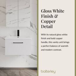 Balterley 600mm Wall Hung 1 Drawer Vanity Basin Unit, Gloss White, Black Handle in White - thumbnail 3