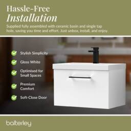 Balterley 600mm Wall Hung 1 Drawer Vanity Basin Unit, Gloss White, Black Handle in White - thumbnail 7