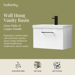 Balterley 600mm Wall Hung 1 Drawer Vanity Basin Unit, Gloss White, Black Handle in White - thumbnail 2