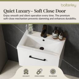 Balterley 600mm Wall Hung 1 Drawer Vanity Basin Unit, Gloss White, Black Handle in White - thumbnail 4