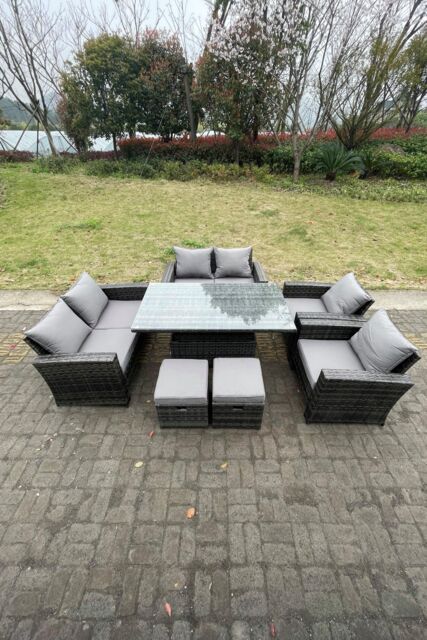 Fimous Rattan Outdoor Furniture Adjustable Rising Lifting Rectangle Dining Table Love Sofa Set Footstool 8 Seater in Dark Grey