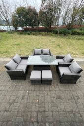 Fimous Rattan Outdoor Furniture Adjustable Rising Lifting Rectangle Dining Table Love Sofa Set Footstool 8 Seater in Dark Grey - thumbnail 1