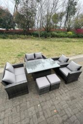 Fimous Rattan Outdoor Furniture Adjustable Rising Lifting Rectangle Dining Table Love Sofa Set Footstool 8 Seater in Dark Grey - thumbnail 2