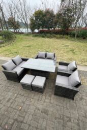 Fimous Rattan Outdoor Furniture Adjustable Rising Lifting Rectangle Dining Table Love Sofa Set Footstool 8 Seater in Dark Grey - thumbnail 3