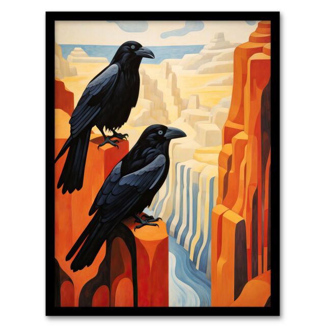 Artery8 Wall Art Print Grand Canyon Crows Birds Abstract Minimalist Landscape Artwork Painting Art Framed in Black - Size: A4 - image 1