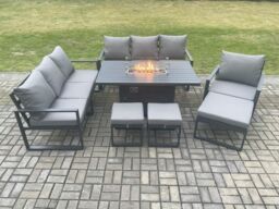 Fimous Aluminium 7 Pieces Garden Furniture Sofa Set with Cushions 10 Seater Gas Fire Pit Dining Table Set with 3 Footstools in Dark Grey - thumbnail 2