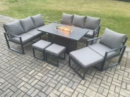 Fimous Aluminium 7 Pieces Garden Furniture Sofa Set with Cushions 10 Seater Gas Fire Pit Dining Table Set with 3 Footstools in Dark Grey - thumbnail 1