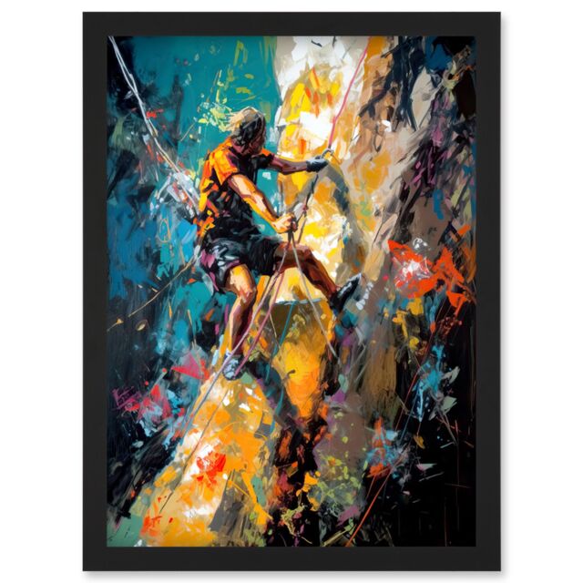 Artery8 Rock Climber Climbing Multicoloured Mountain Cliff Artwork Framed Wall Art Print A4 in Black - image 1