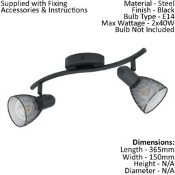Loops Flush Ceiling 2 Spot Light Colour Black Wave Bracket Mesh Look Shade E14 2x40W - thumbnail 2