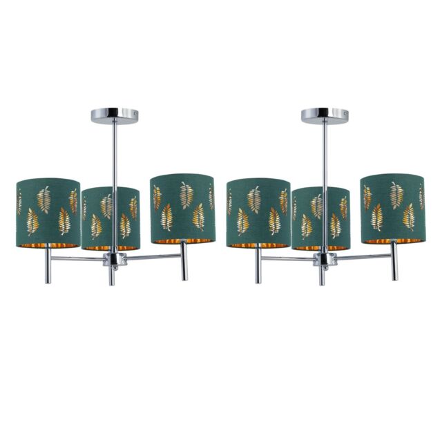 First Choice Lighting Set of 2 Brea - Chrome 3 Light Fittings with Dark Green Fern Shades in Silver - image 1